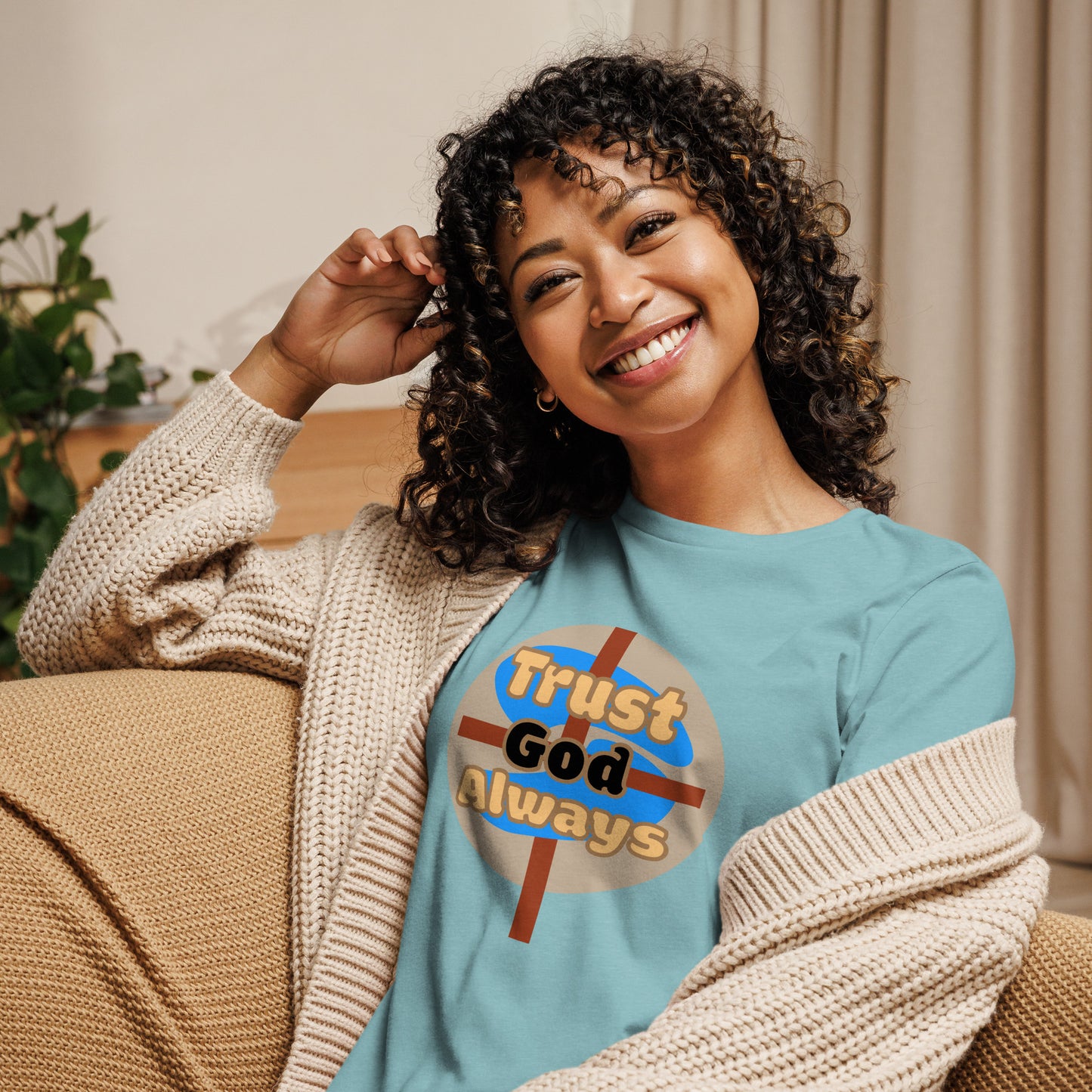 Trust God Women's Relaxed Fit Tee, Heather Blue Lagoon