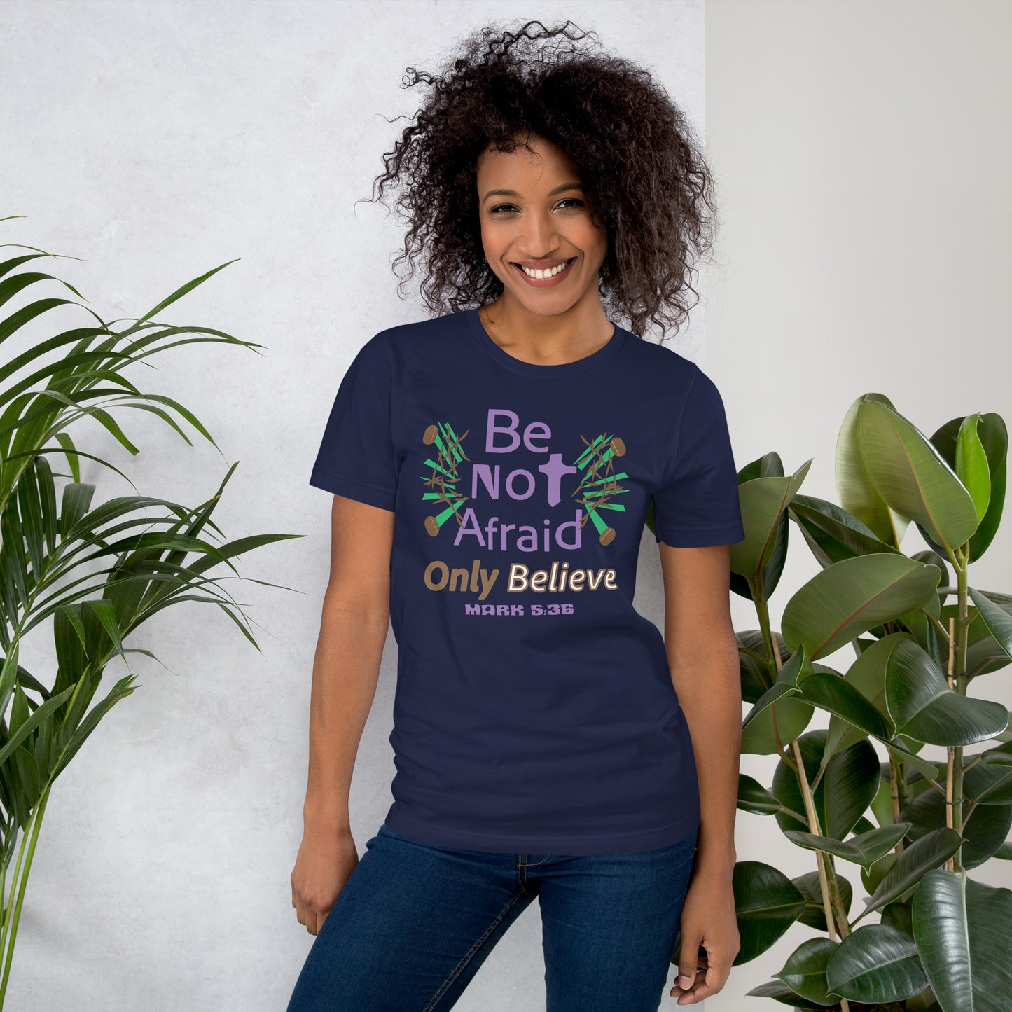Be not afraid only believe Christian tee, Navy