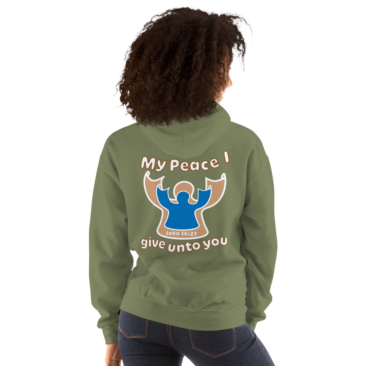 female wearing military green my peace i give unto you hoodie with a blue angel and beige angel on back hood down