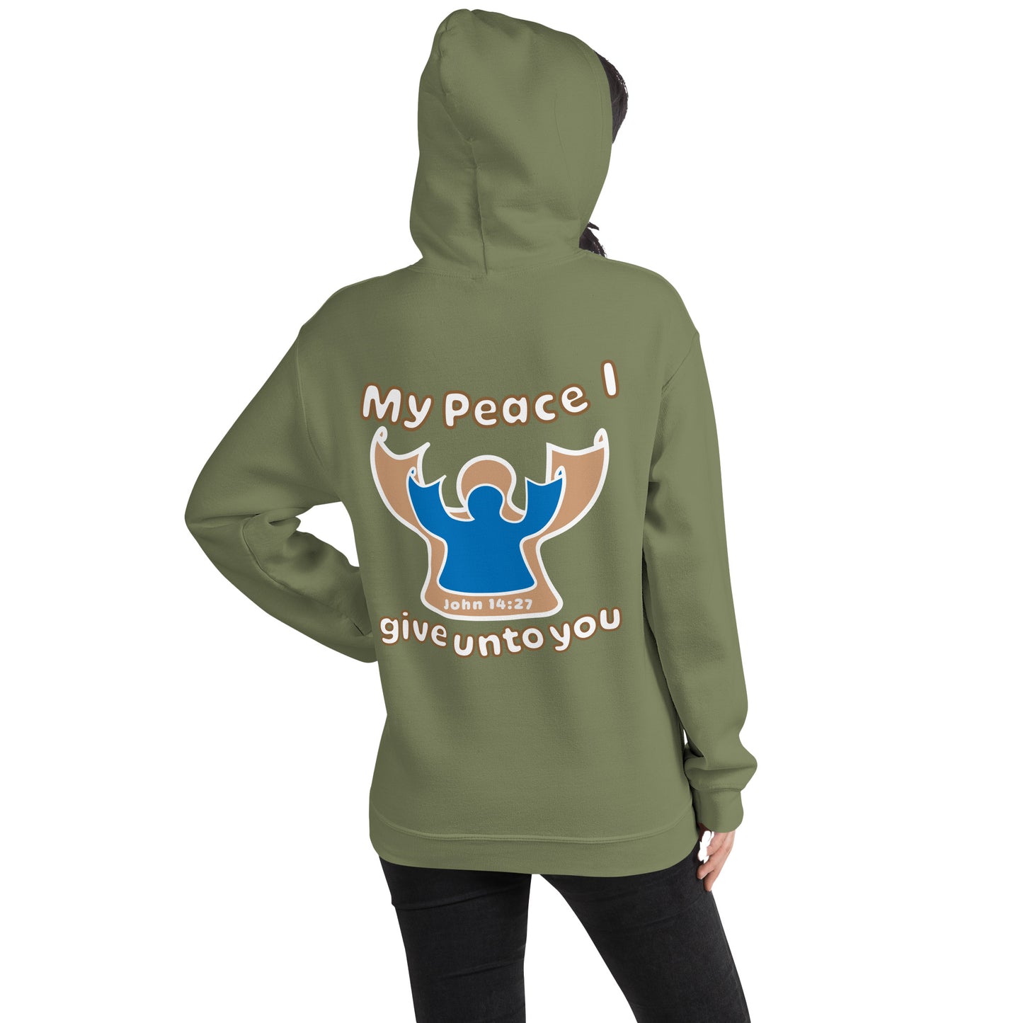 female wearing military green my peace i give unto you hoodie with a blue angel and beige angel on back hood up