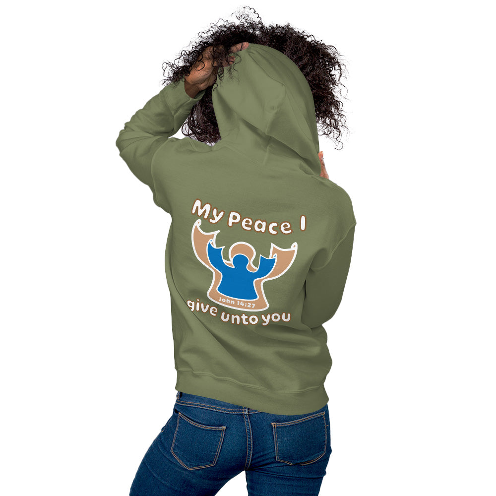 female wearing military green my peace i give unto you hoodie with a blue angel and beige angel on back hood up