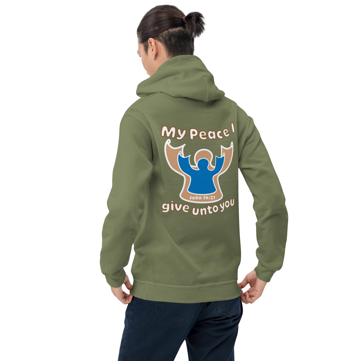 male wearing military green my peace i give unto you hoodie with a blue angel and beige angel on back hood down