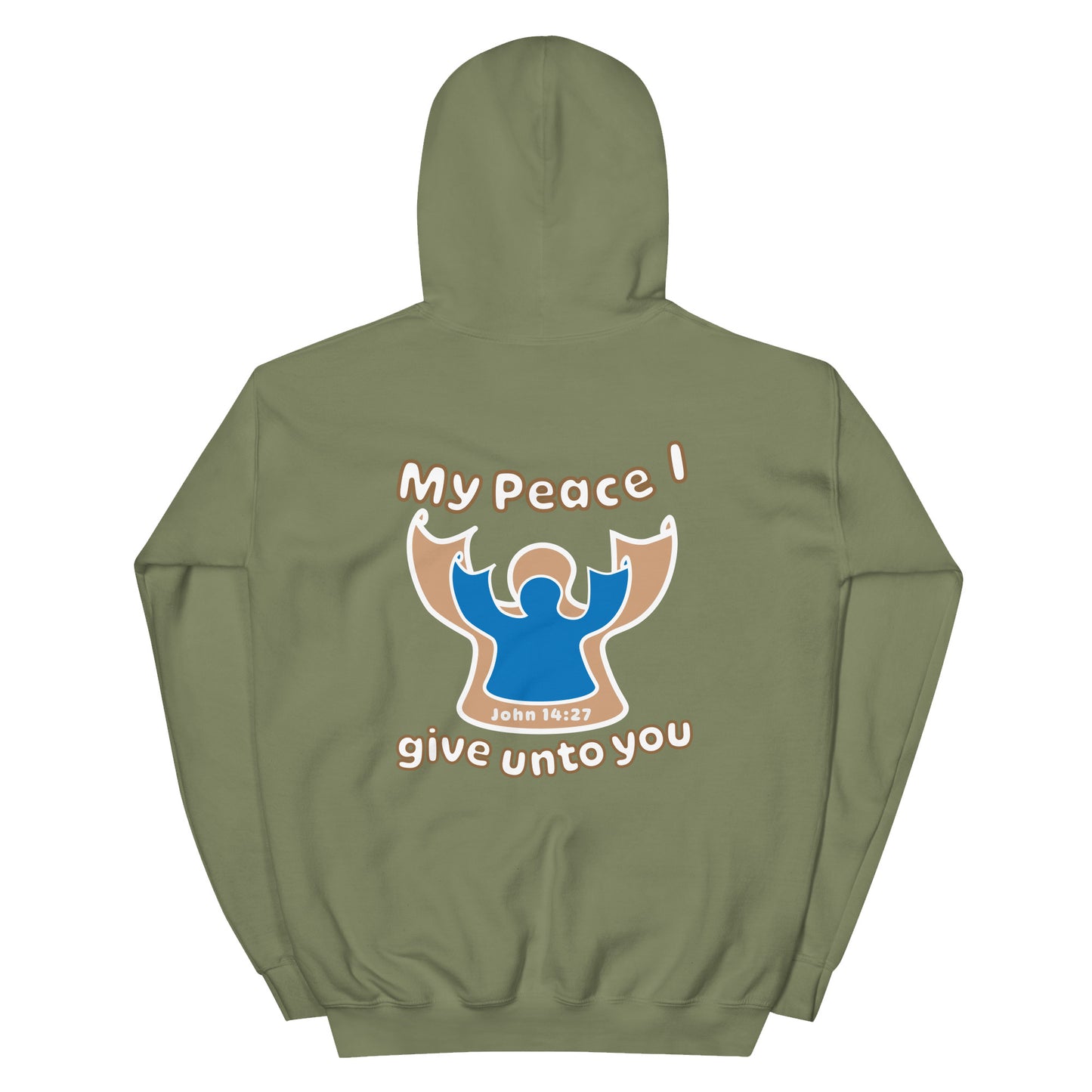 military green my peace i give unto you hoodie with a blue angel and beige angel on back hood up