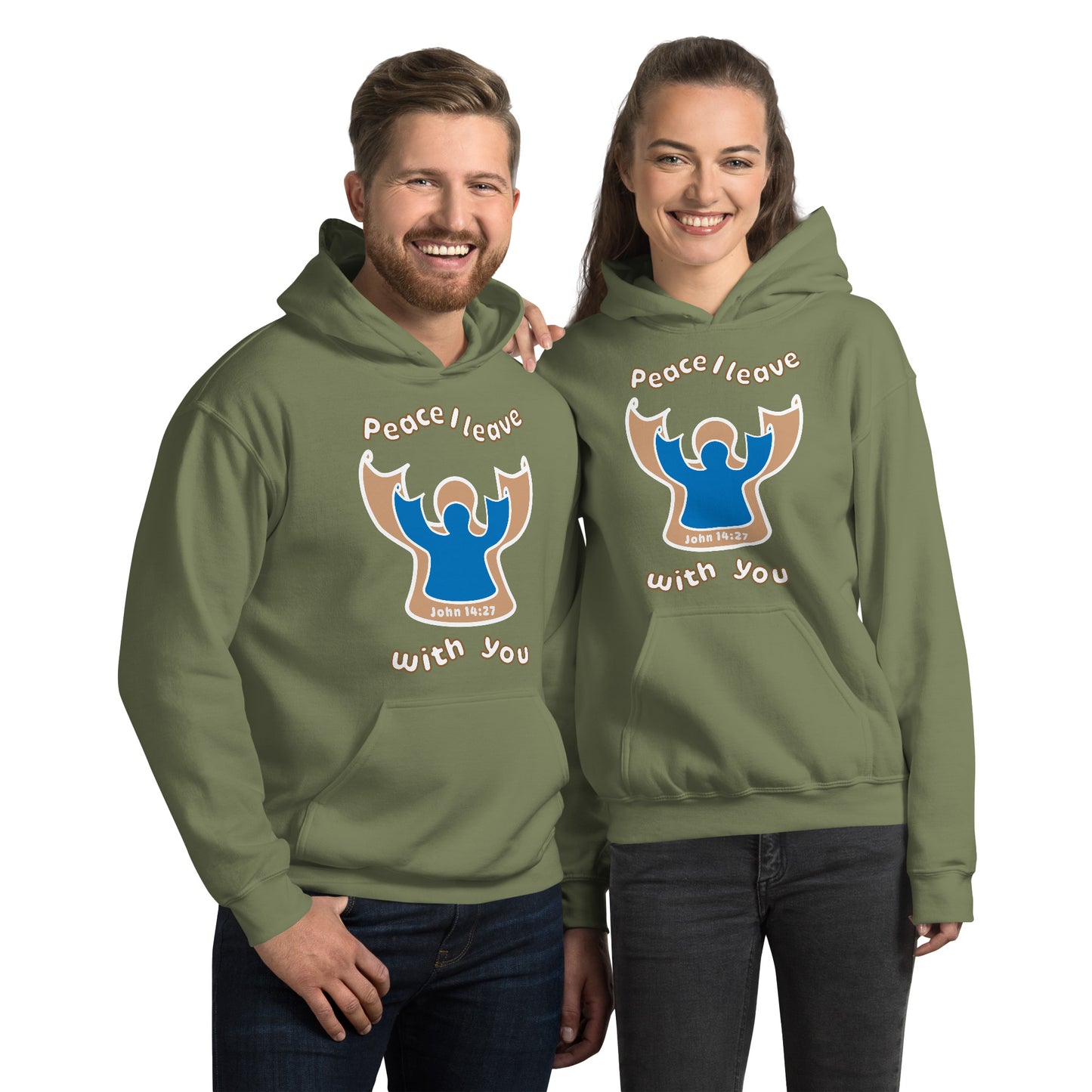 couple smiling wearing matching military green peace i leave with you hoodies with a blue angel and beige angel on front