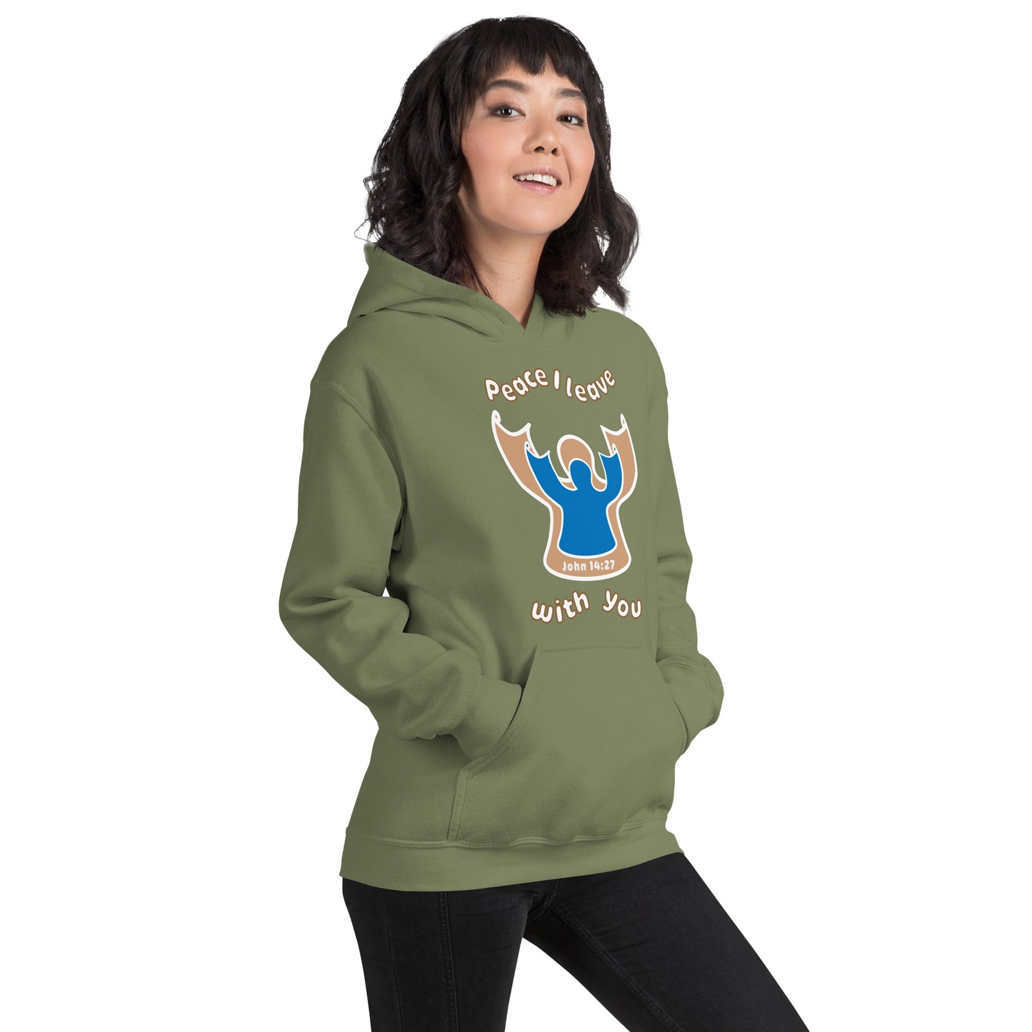 female wearing military green peace i leave with you hoodie with a blue angel and beige angel on front
