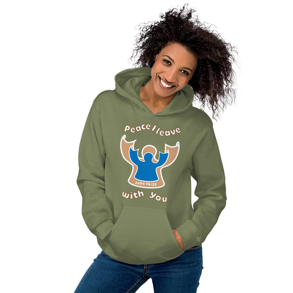female smiling wearing military green peace i leave with you hoodie with a blue angel and beige angel on front