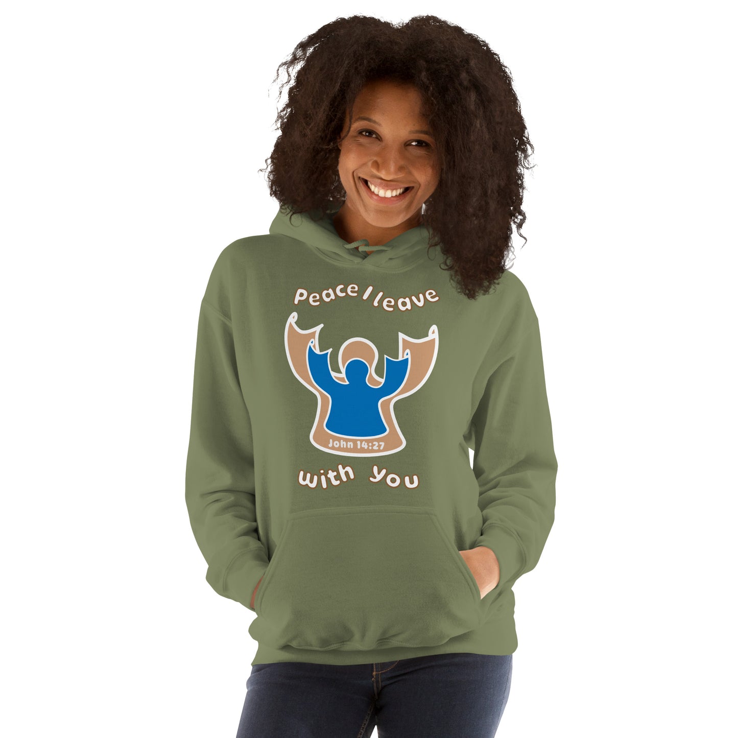 female smiling wearing military green peace i leave with you hoodie with a blue angel and beige angel on front