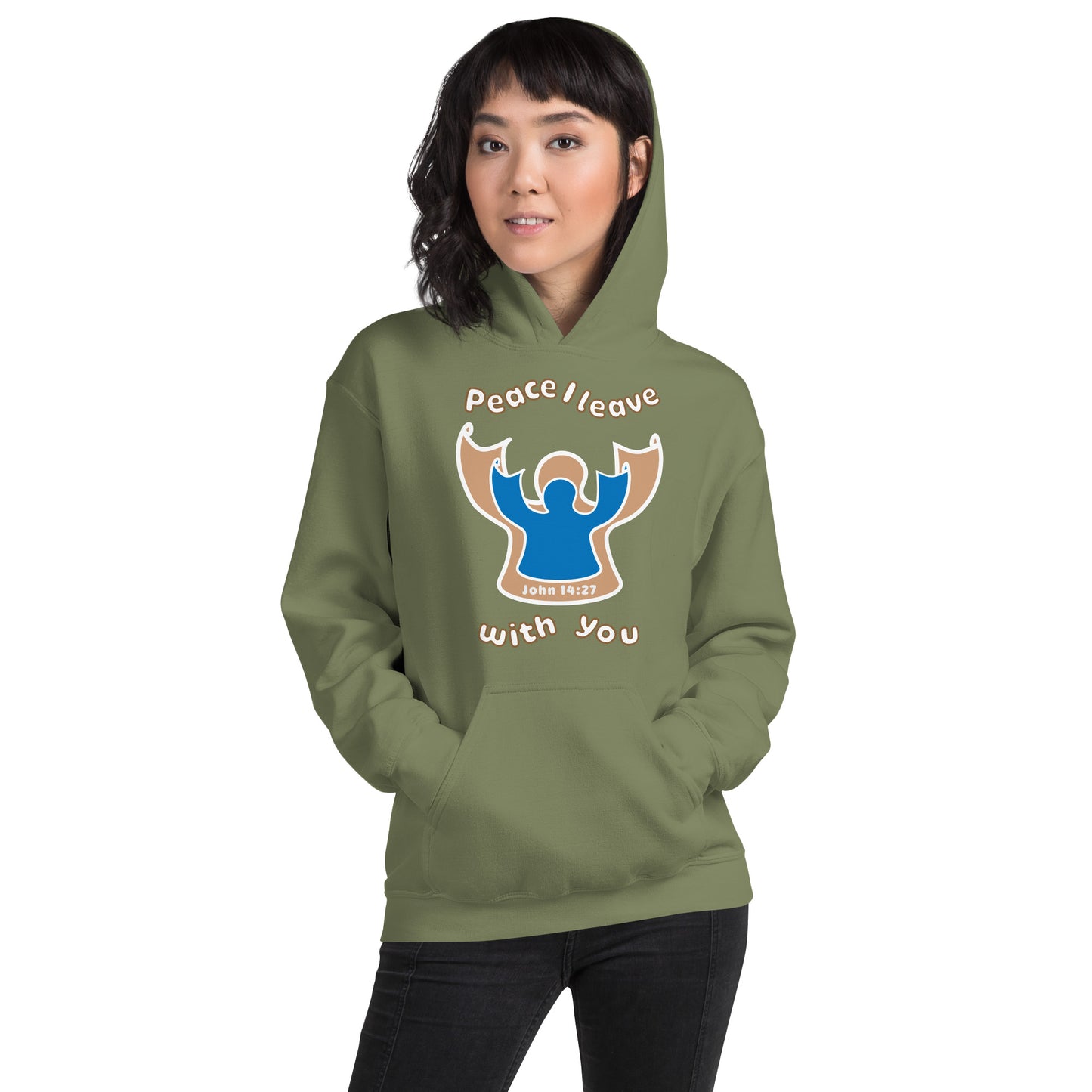 female wearing military green peace i leave with you hoodie with a blue angel and beige angel on front