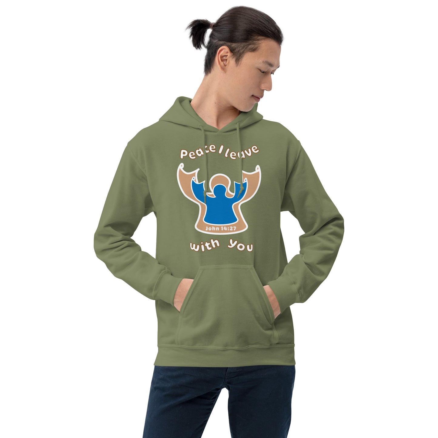 male wearing military green peace i leave with you hoodie with a blue angel and beige angel on front