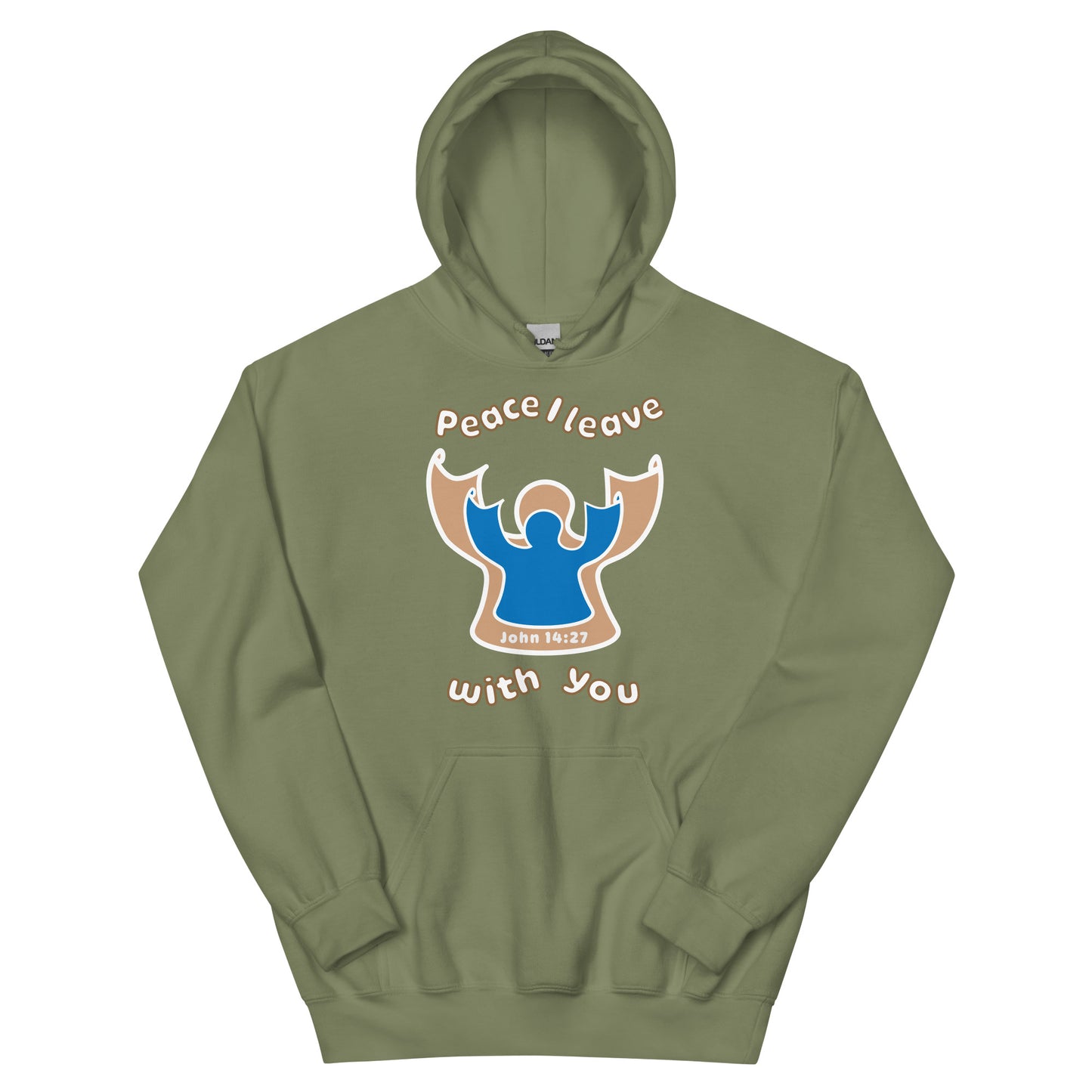 military green peace i leave with you hoodie with a blue angel and beige angel on front