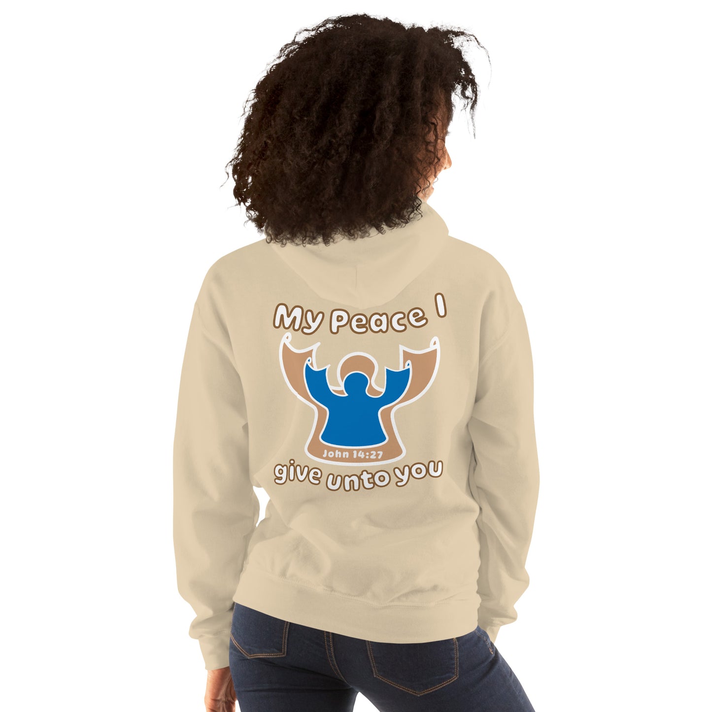 female wears sand beige my peace I give unto you hoodie with a blue angel and beige angel design on the back hood down