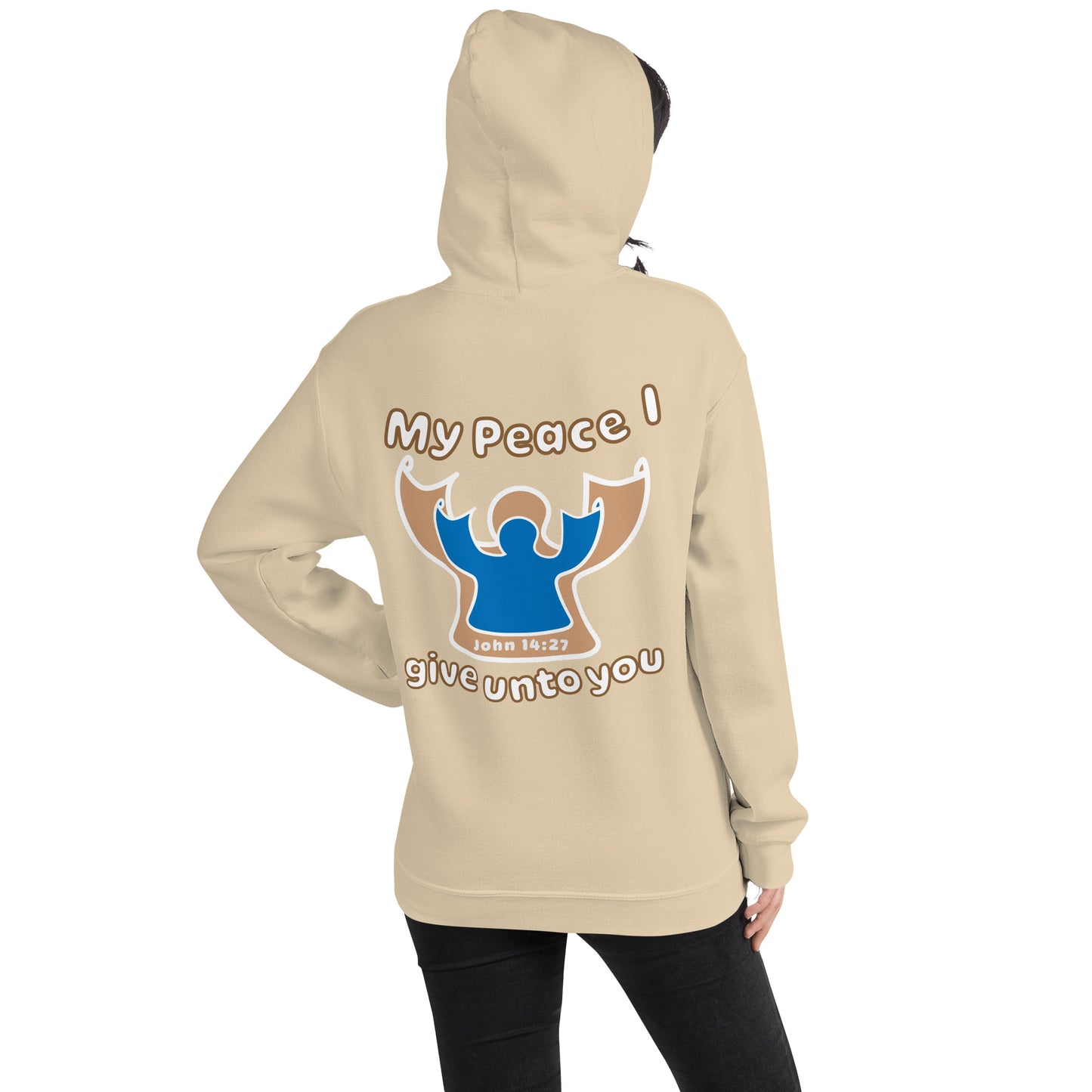 female wears sand beige my peace I give unto you hoodie with a blue angel and beige angel design on the back hood up