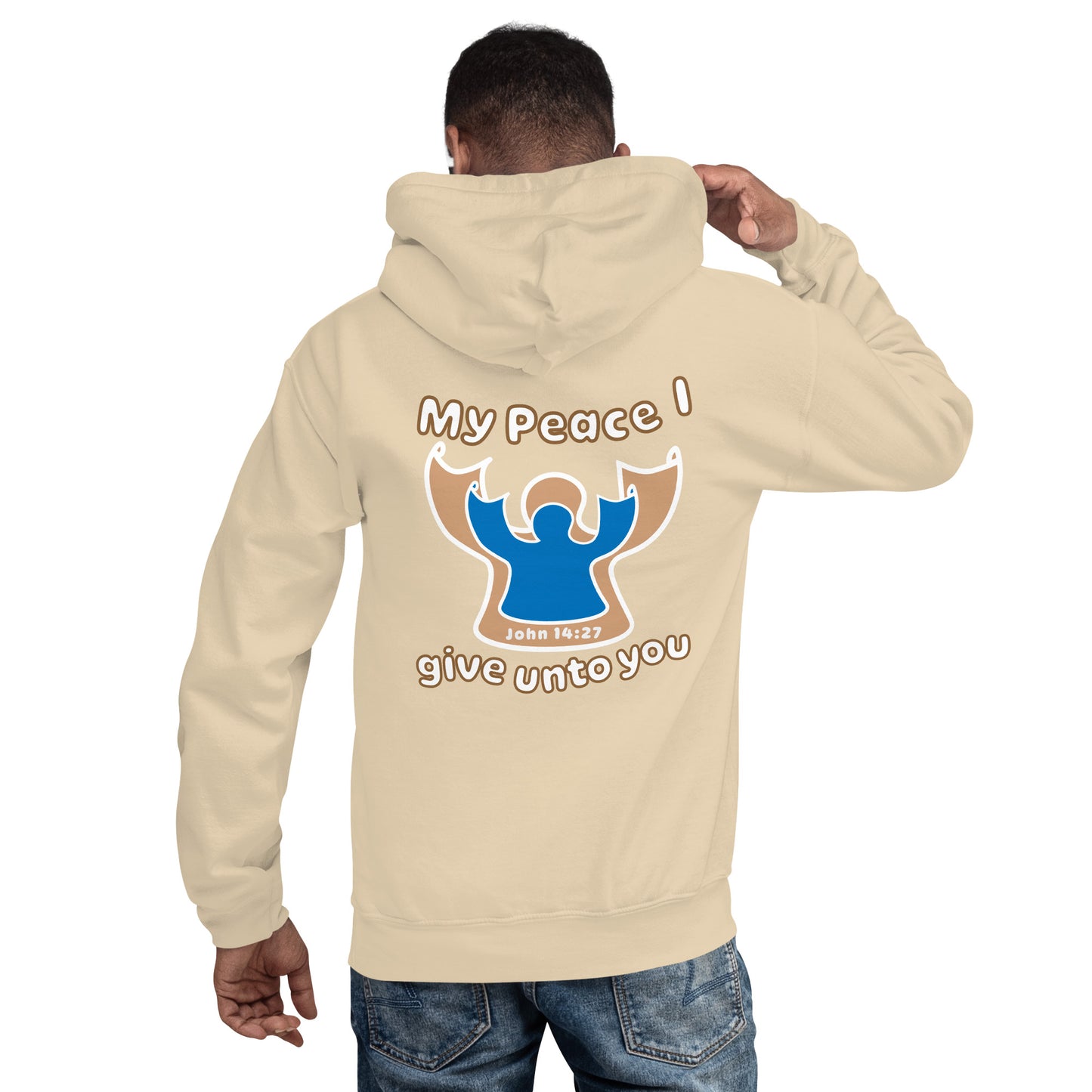 male wears sand beige my peace I give unto you hoodie with a blue angel and beige angel design on the back hood down