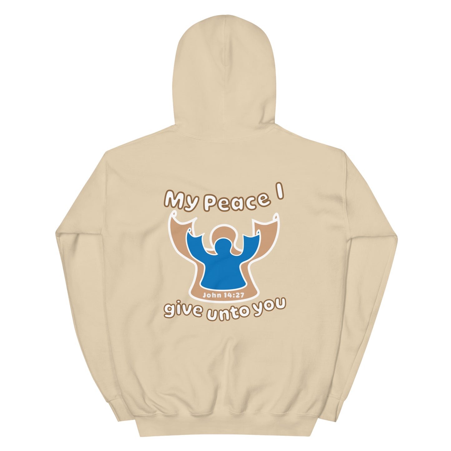sand beige my peace I give unto you hoodie with a blue angel and beige angel design on the back