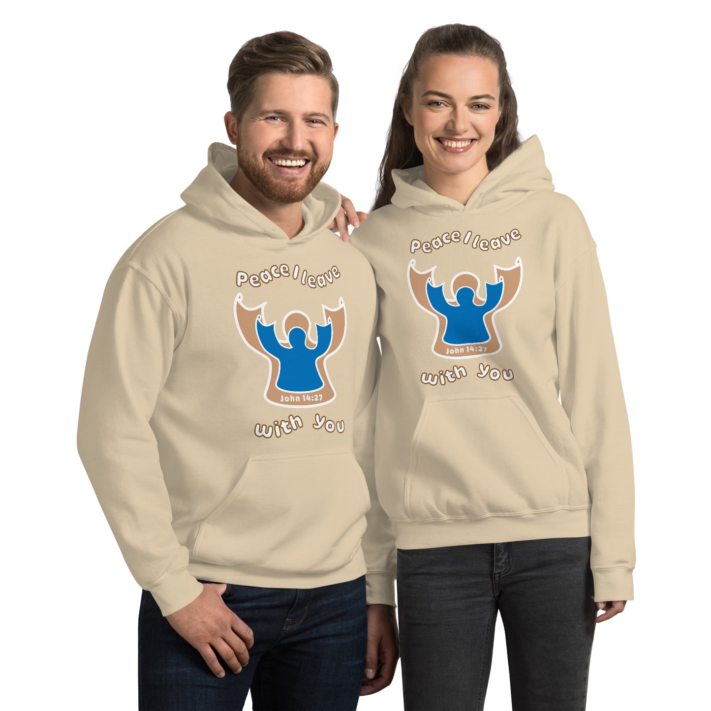 couple smiles wearing matching sand beige peace I leave with you hoodies with a blue angel and beige angel design on the front