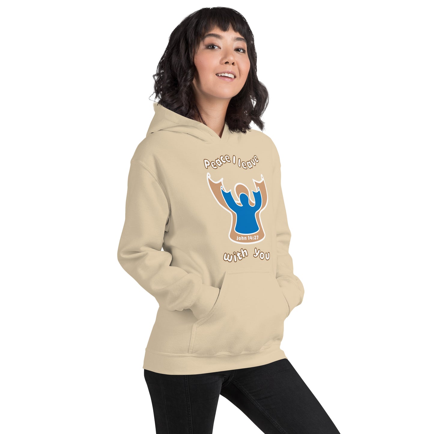 female wears sand beige peace I leave with you hoodie with a blue angel and beige angel design on the front
