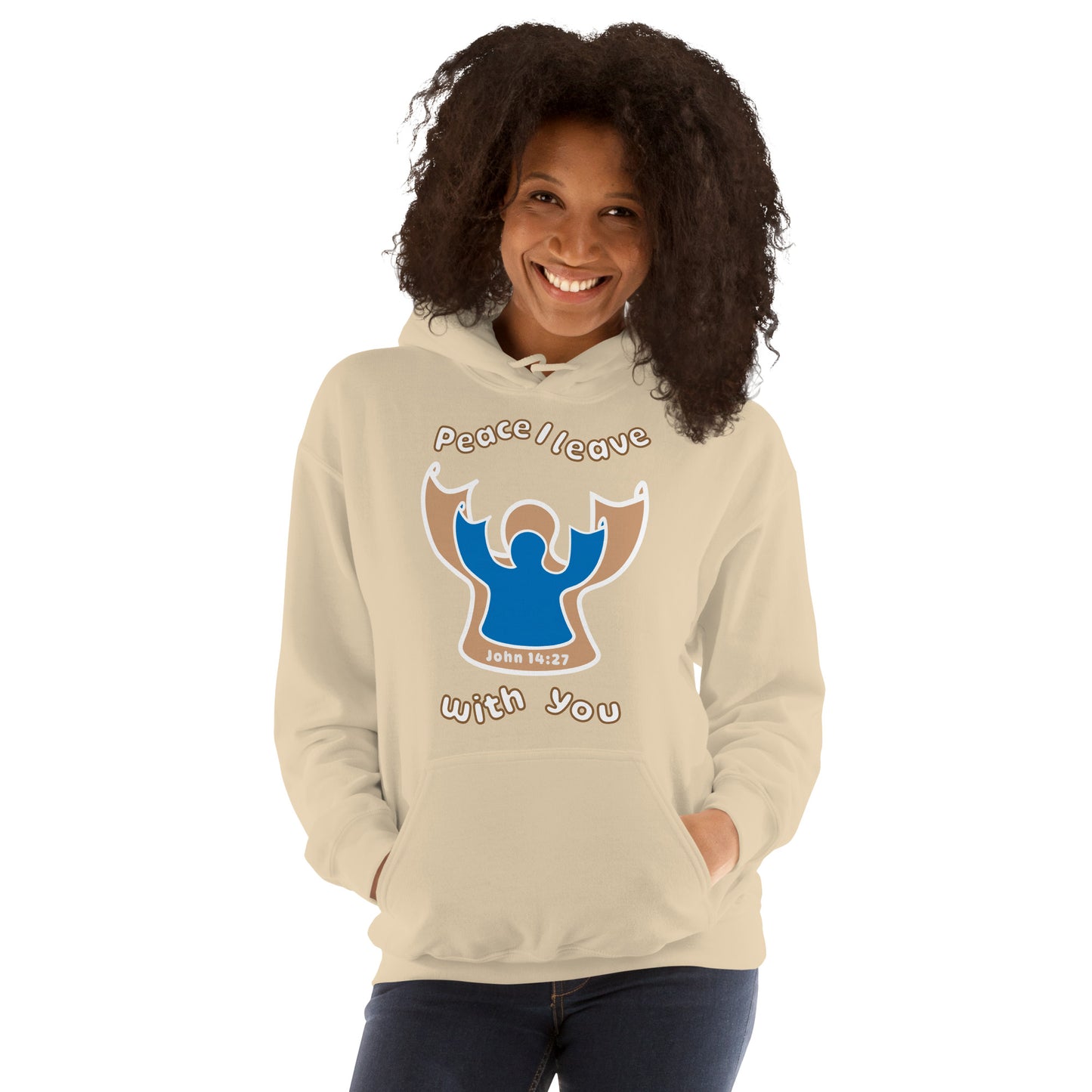 female smiles wearing sand beige peace I leave with you hoodie with a blue angel and beige angel design on the front