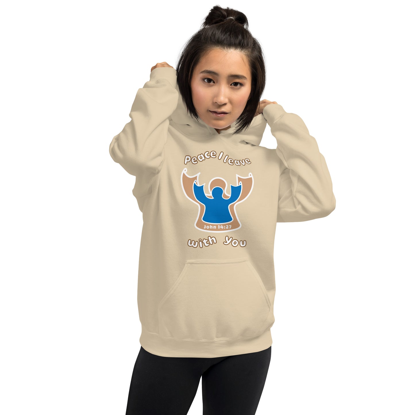 female wears sand beige peace I leave with you hoodie with a blue angel and beige angel design on the front