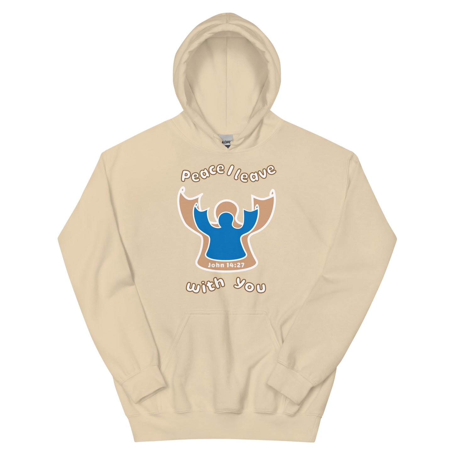 sand beige peace I leave with you hoodie with a blue angel and beige angel design on the front