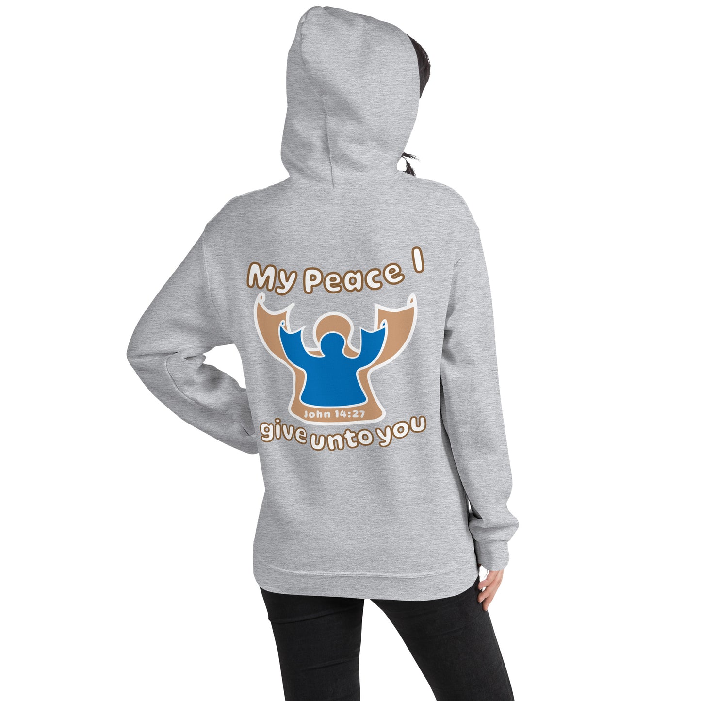 female wears sport gray my peace I give unto you hoodie with a blue angel and beige angel design on the back hood up