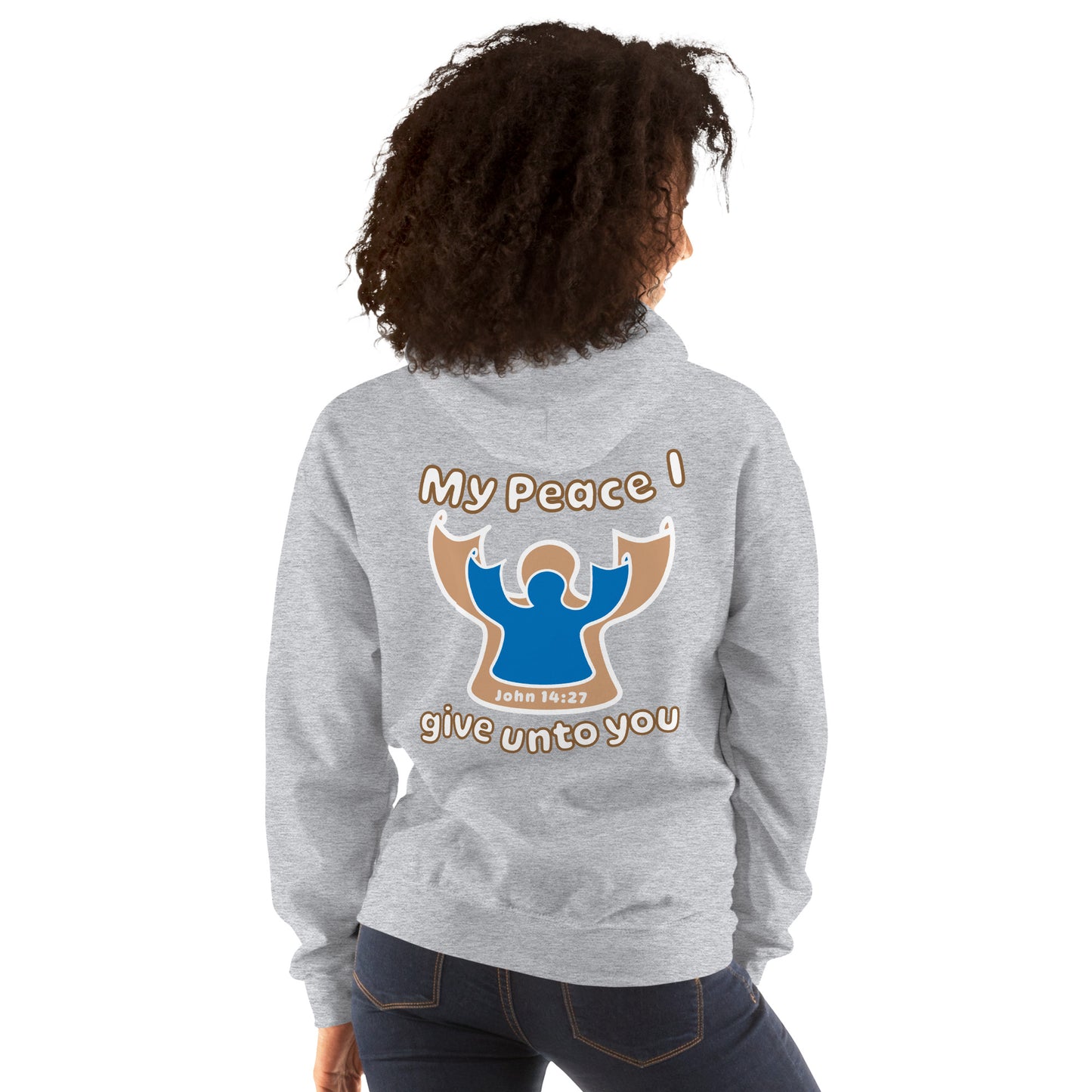 female wears sport gray my peace I give unto you hoodie with a blue angel and beige angel design on the back hood down