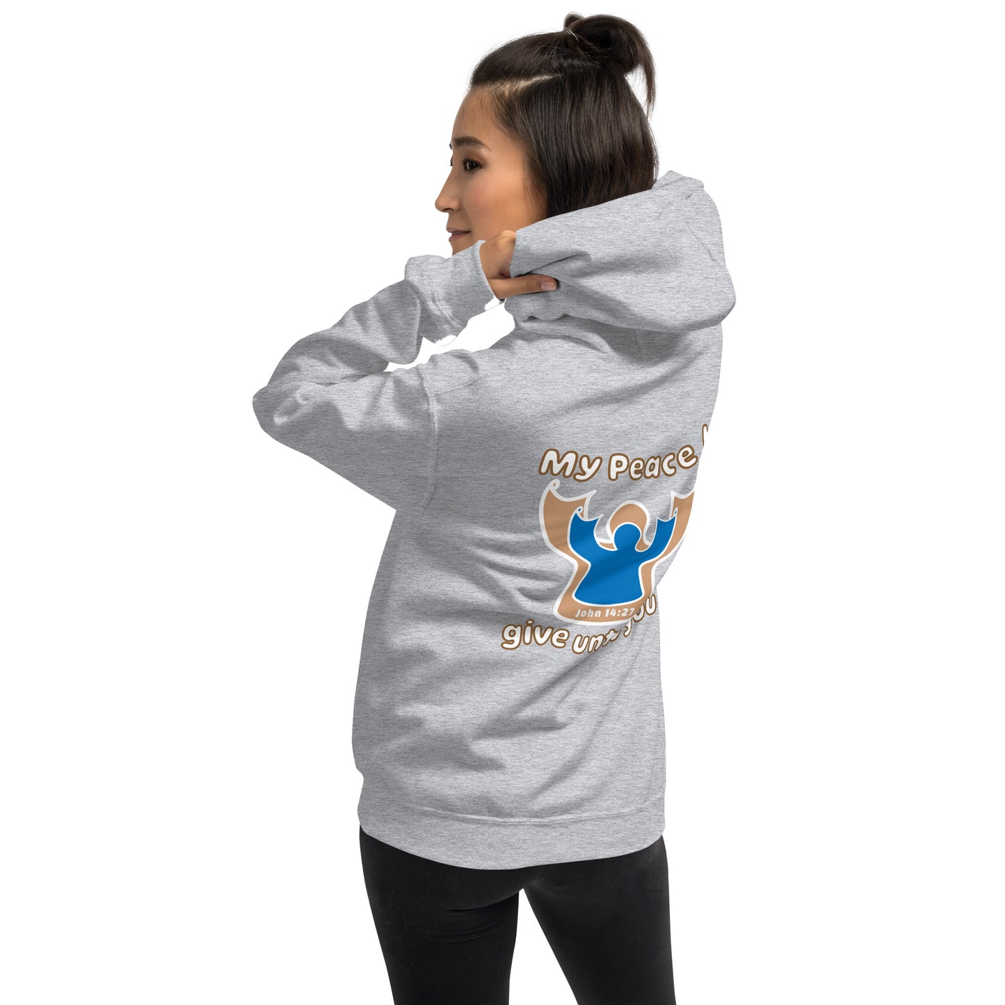 female wears sport gray my peace I give unto you hoodie with a blue angel and beige angel design on the back hood up