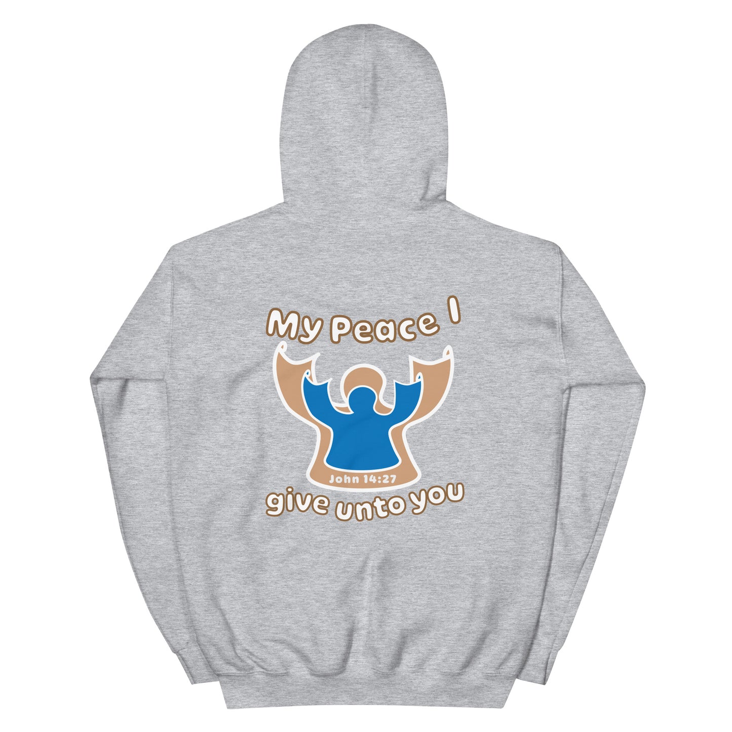 sport gray my peace I give unto you hoodie with a blue angel and beige angel design on the back