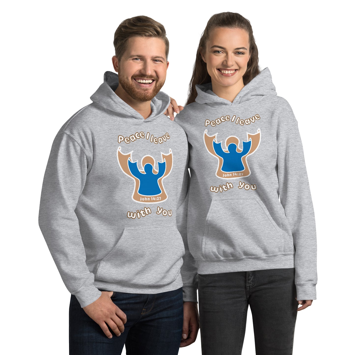 couple smiles wearing matching sport gray peace I leave with you hoodies with a blue angel and beige angel design on the front