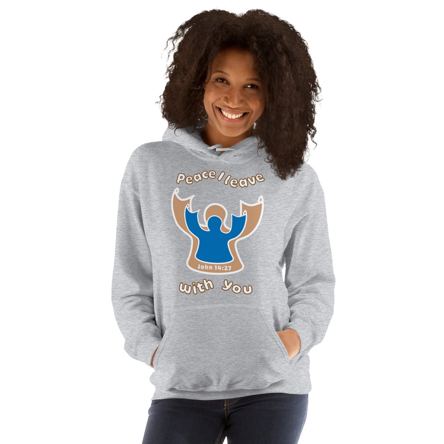 female smiles wearing sport gray peace I leave with you hoodie with a blue angel and beige angel design on the front