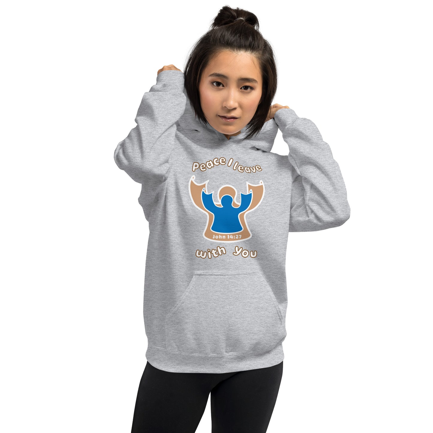 female wears sport gray peace I leave with you hoodie with a blue angel and beige angel design on the front