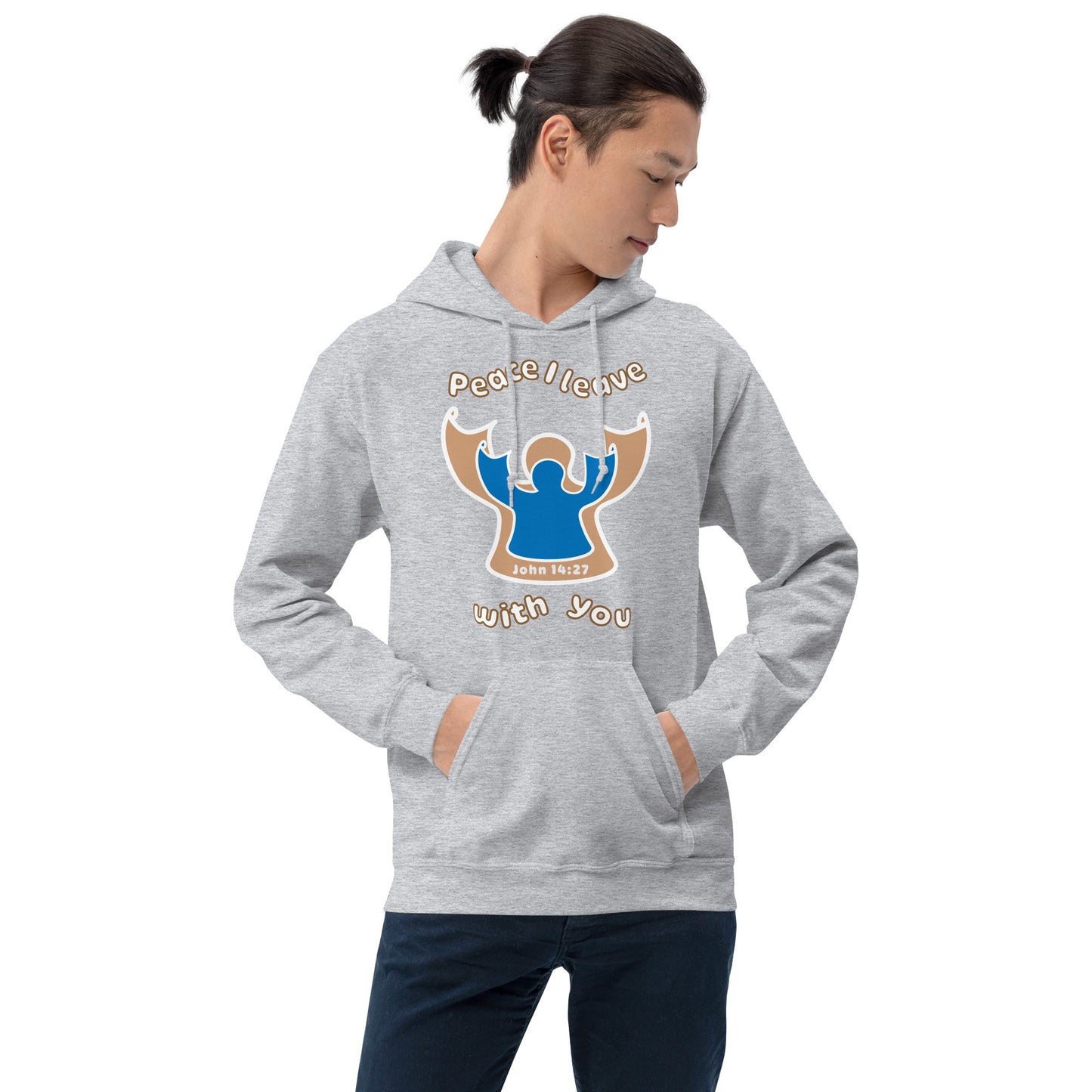 male wears sport gray peace I leave with you hoodie with a blue angel and beige angel design on the front