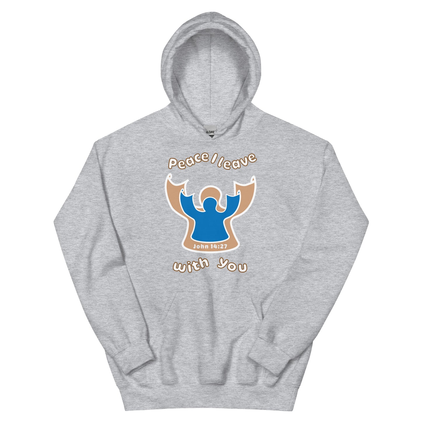 sport gray peace I leave with you hoodie with a blue angel and beige angel design on the front