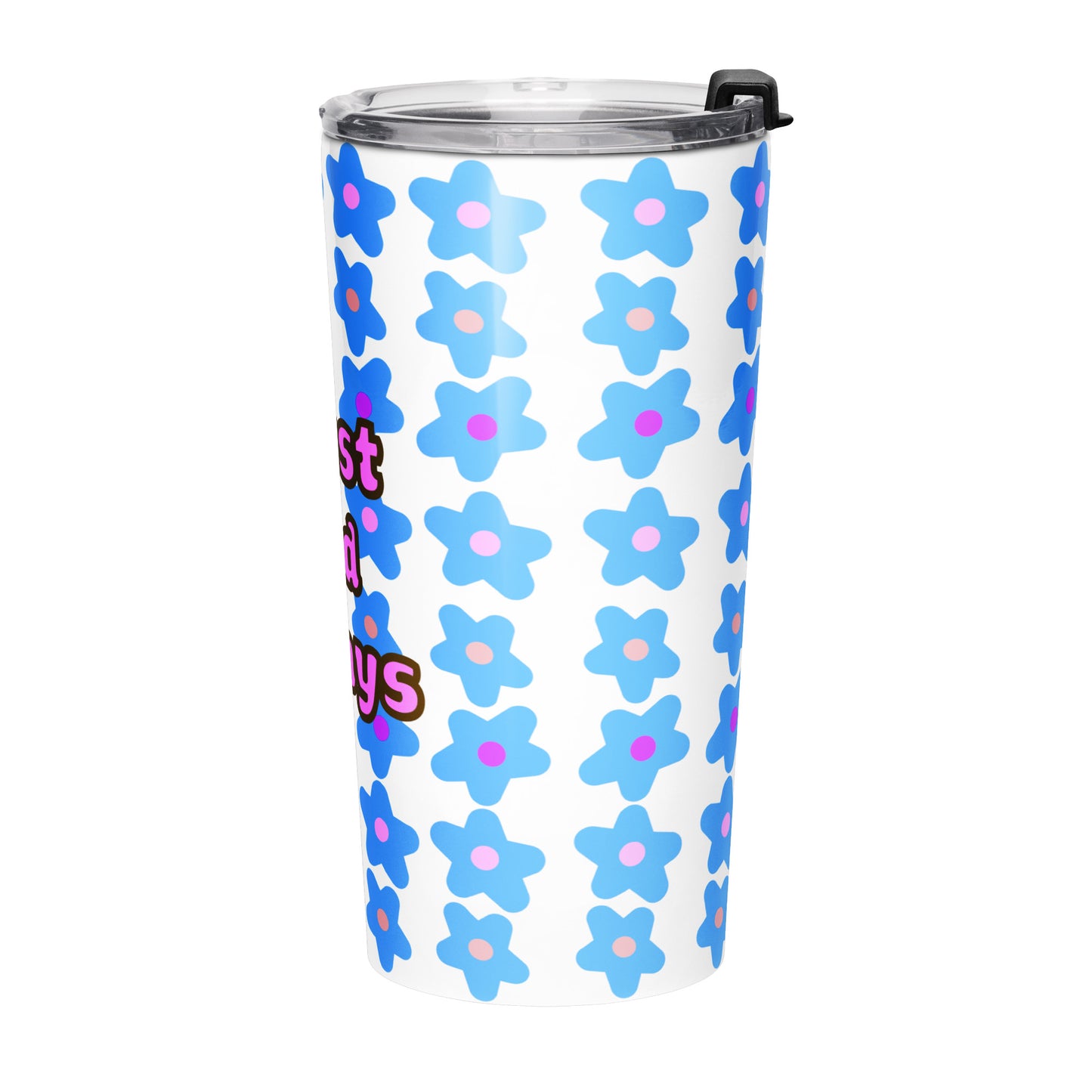 Left side view of tumbler water bottle with blue floral pattern and 'Trust God Always' text on a white background