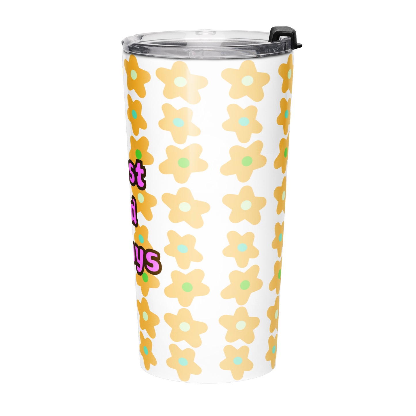 Left side view of tumbler water bottle with yellow floral pattern and 'Trust God Always' text on a white background