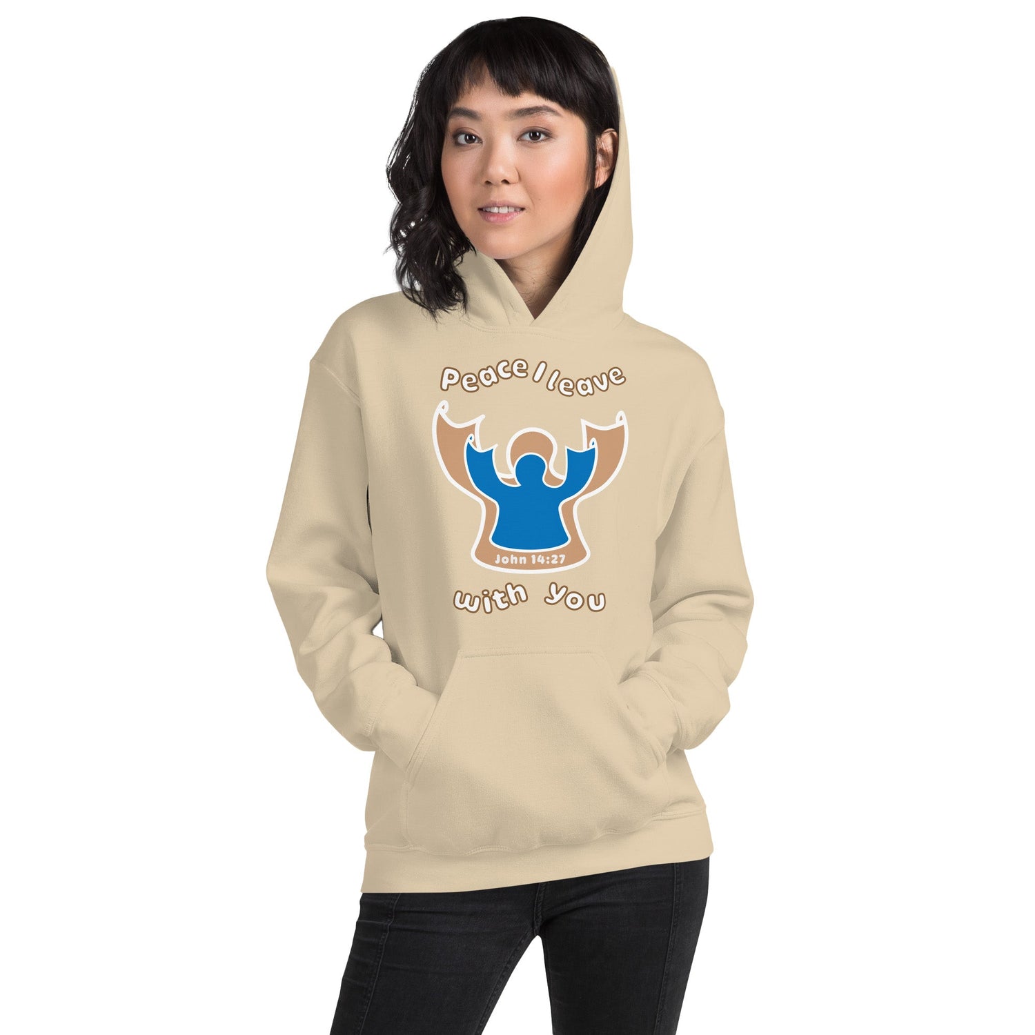 black peace i leave with you hoodie with a blue angel and beige angel on the front