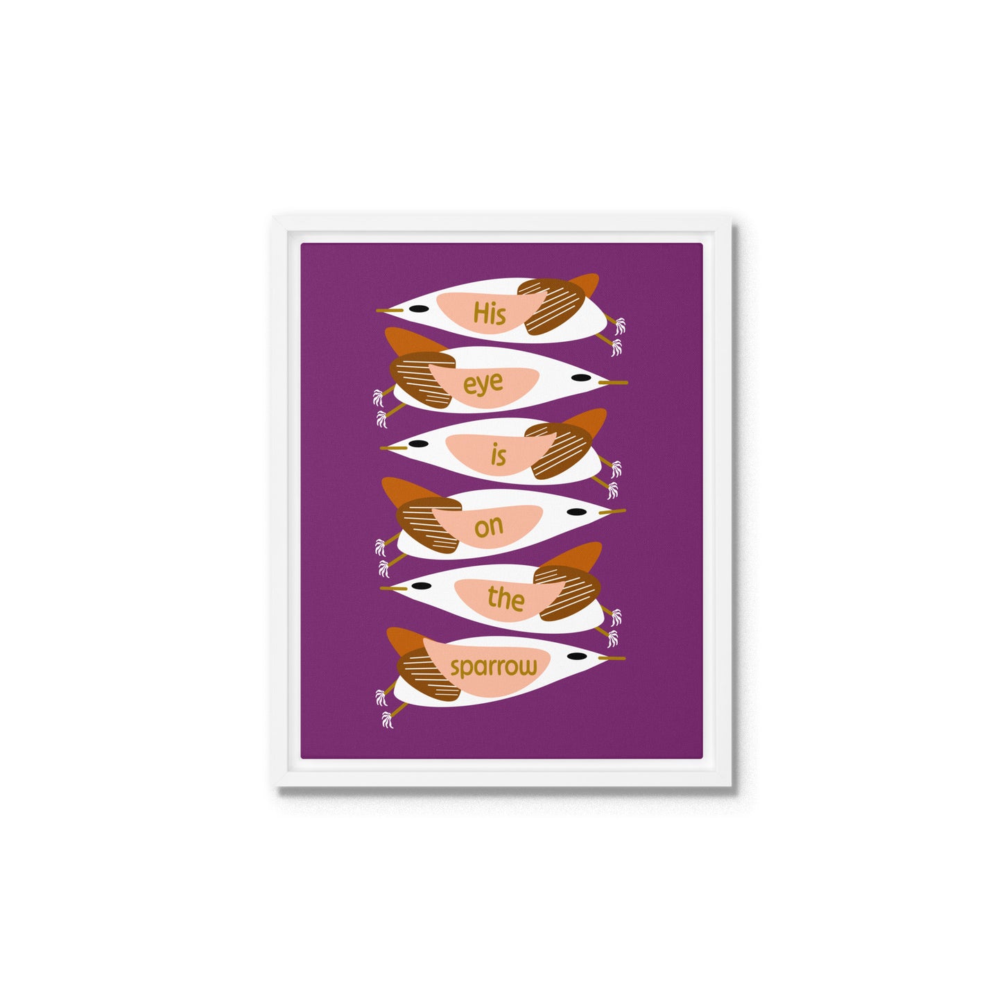 Framed artwork with stylized birds on a purple background. White wooden frame. Size 11x14.
