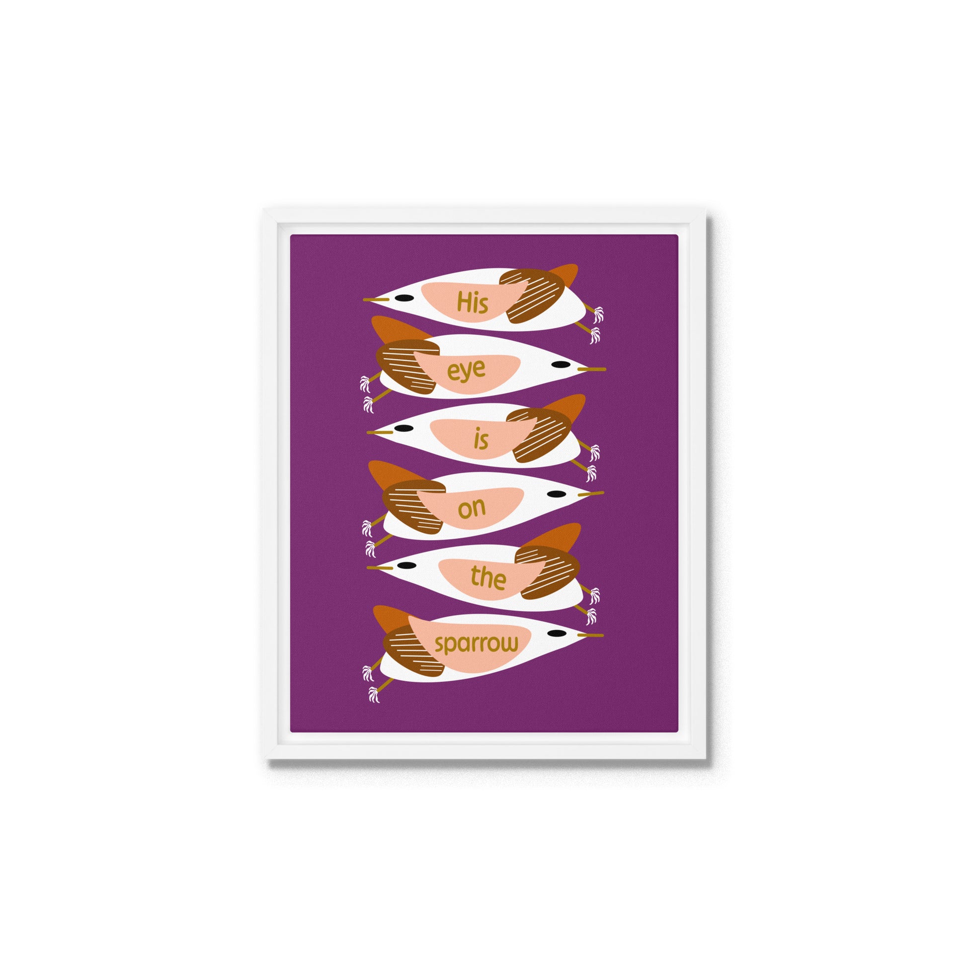Framed artwork with stylized birds on a purple background. White wooden frame. Size 11x14.