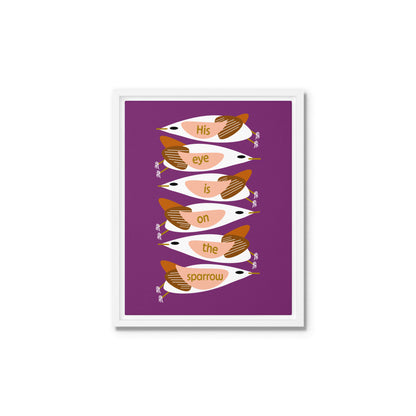 Framed artwork with stylized birds on a purple background. White wooden frame. Size 11x14.