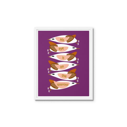 Framed artwork with stylized birds on a purple background. White wooden frame. Size 11x14.