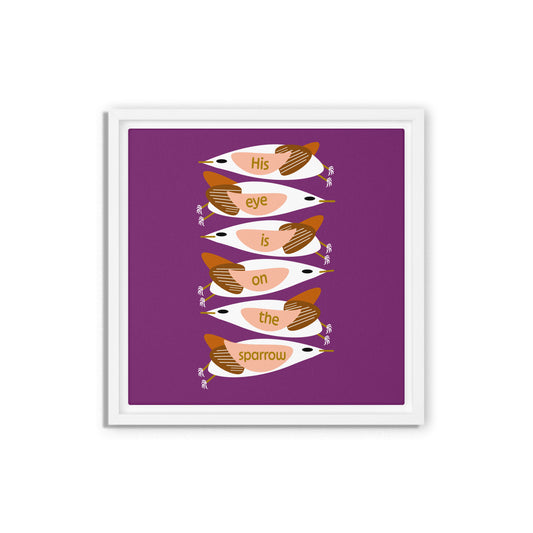Framed artwork with stylized birds on a purple background. White wooden frame. Size 12x12.