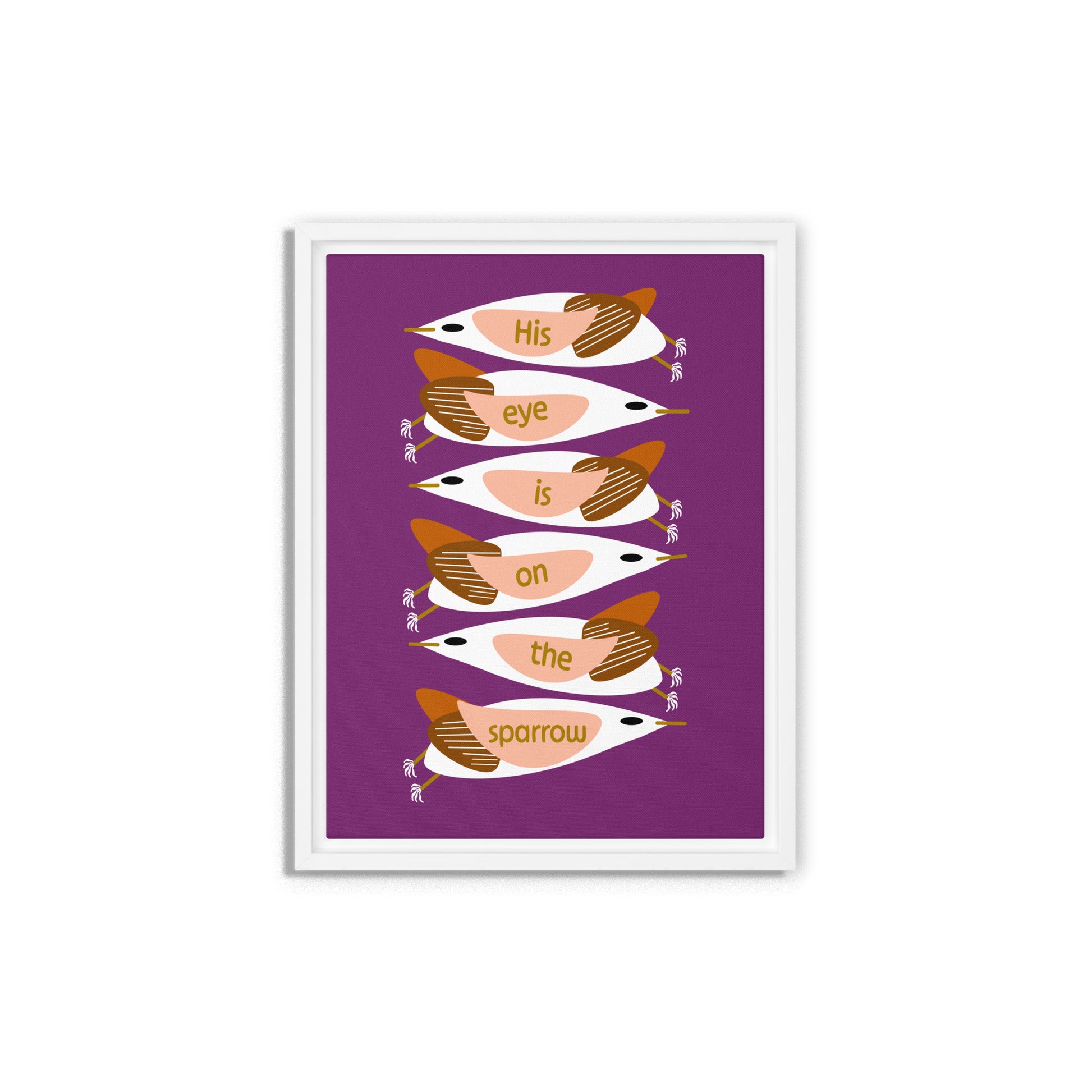 Framed artwork with stylized birds on a purple background. White wooden frame. Size 12x16.