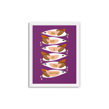 Framed artwork with stylized birds on a purple background. White wooden frame. Size 12x16.