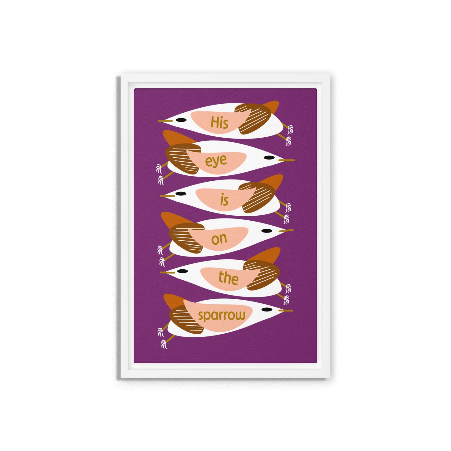 Framed artwork with stylized birds on a purple background. White wooden frame. Size 12x18.