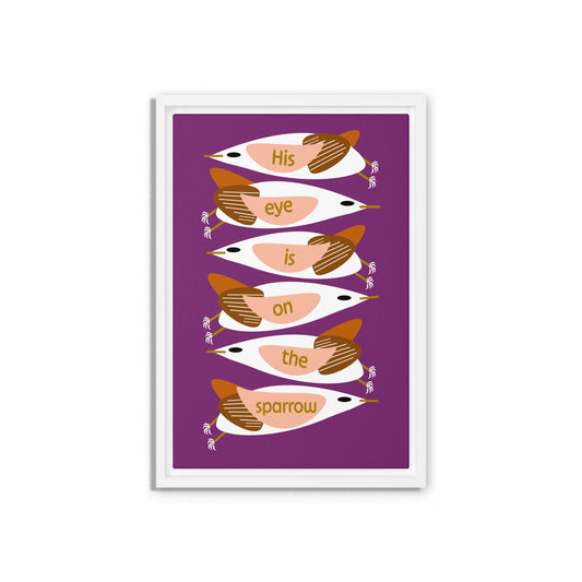 Framed artwork with stylized birds on a purple background. White wooden frame. Size 12x18.