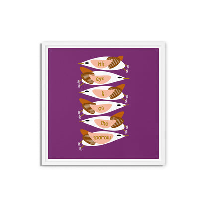 Framed artwork with stylized birds on a purple background. White wooden frame. Size 16x16.