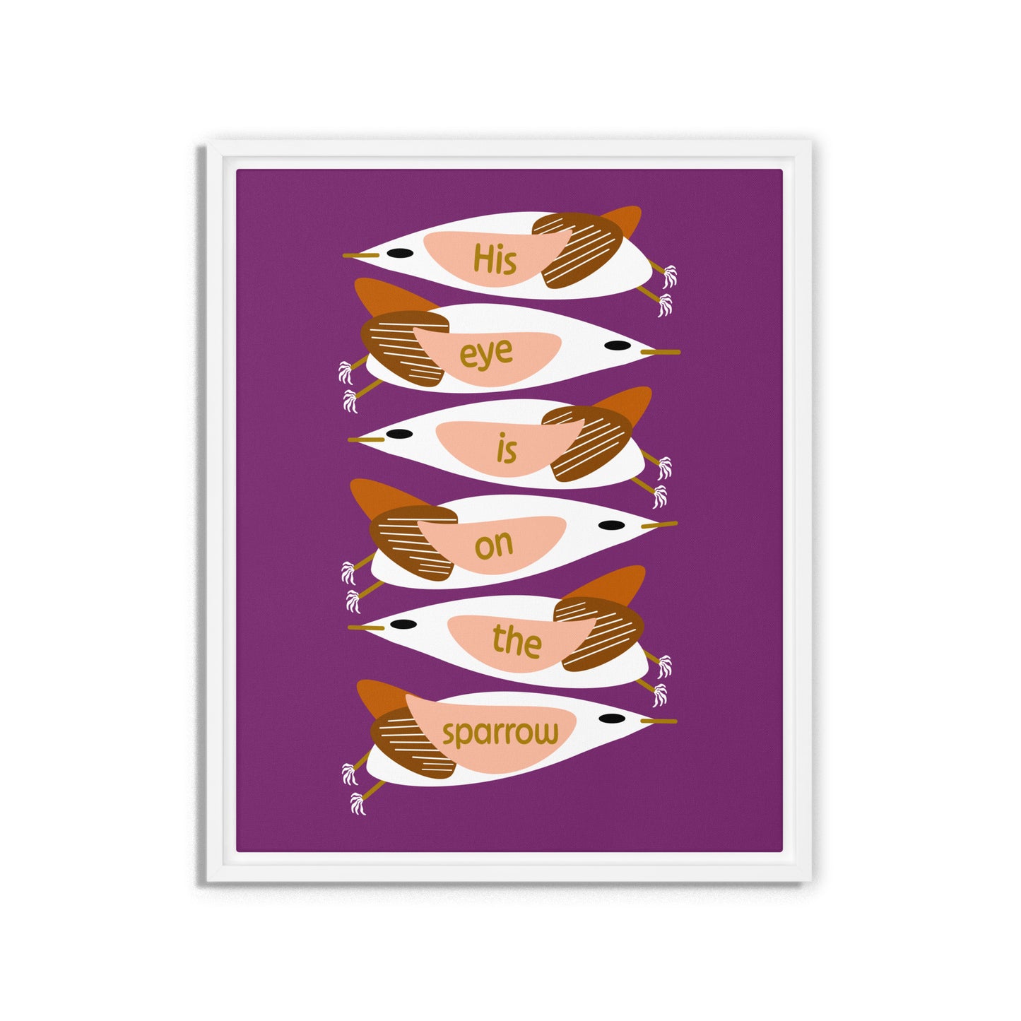 Framed artwork with stylized birds on a purple background. White wooden frame. Size 16x20.