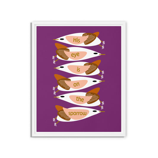 Framed artwork with stylized birds on a purple background. White wooden frame. Size 16x20.