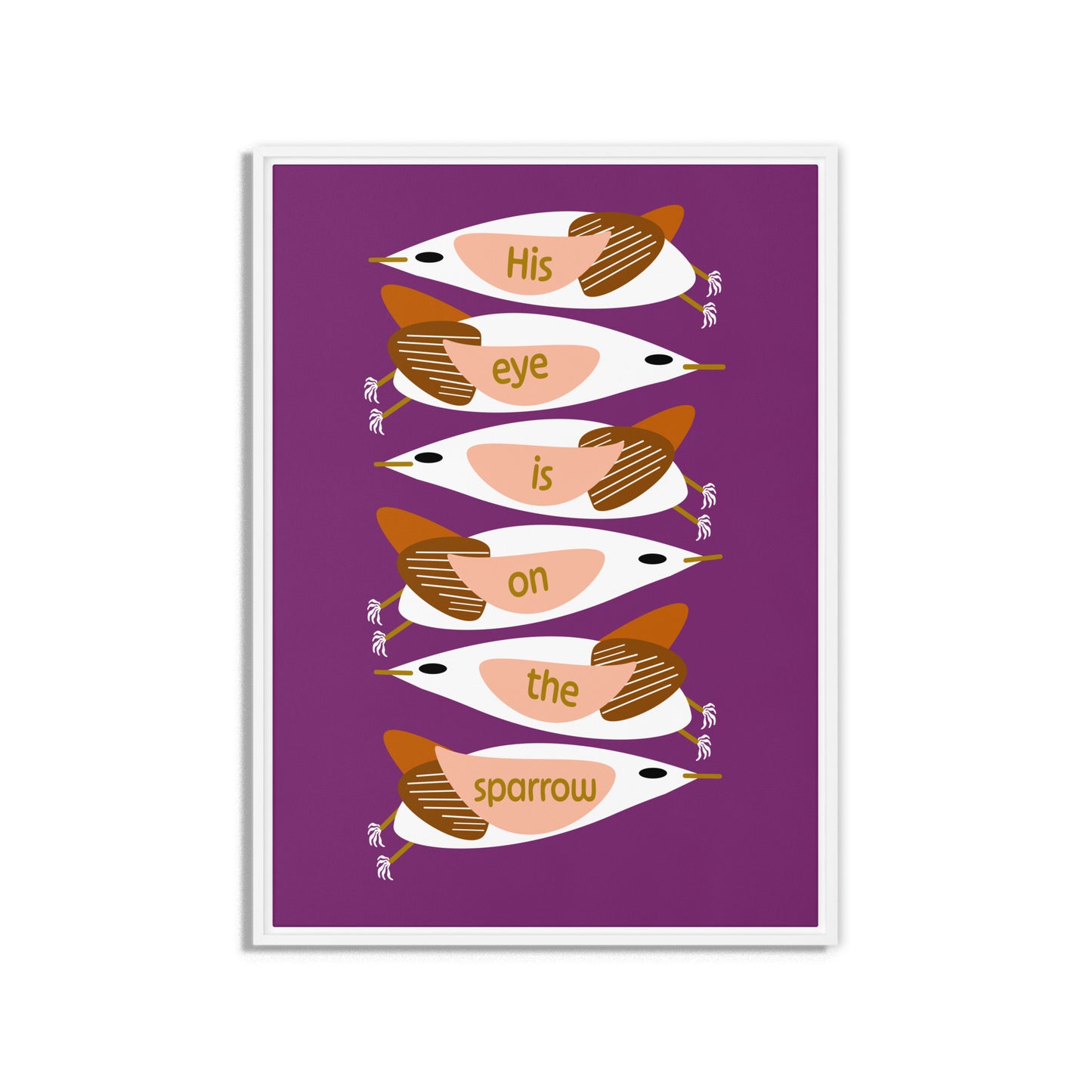 Framed artwork with stylized birds on a purple background. White wooden frame. Size 20x28.