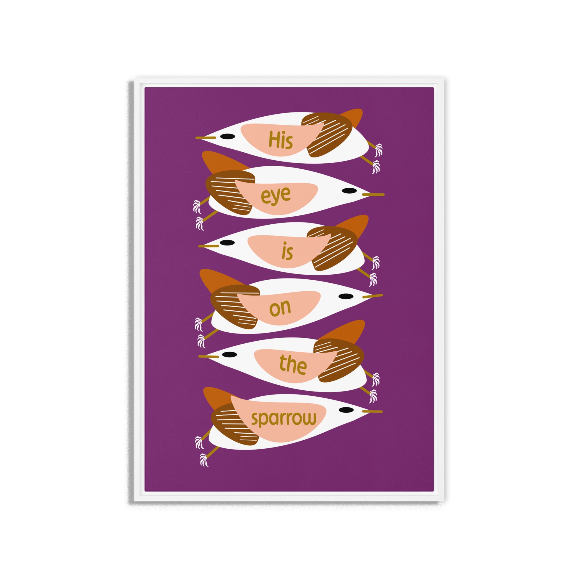 Framed artwork with stylized birds on a purple background. White wooden frame. Size 20x28.
