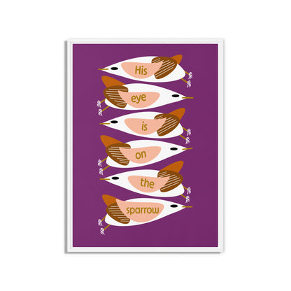 Framed artwork with stylized birds on a purple background. White wooden frame. Size 20x28.